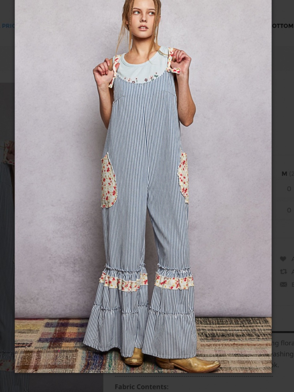 POL Blue White Striped Floral-Trim Jumpsuit